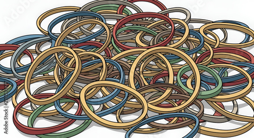 Pile of colorful rubber bands illustration of many elastic loops tangled together on white background