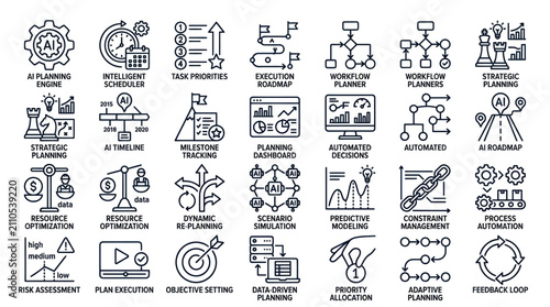 AI workflow planning and strategic management icons.