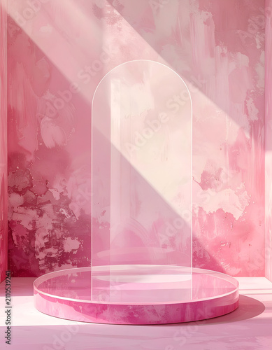 Pink acrylic arch pedestal with round base on textured pink wall with light casting shadows