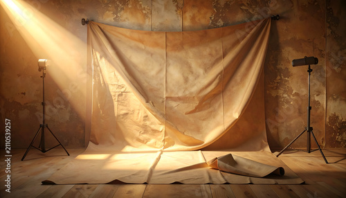 Photography studio setup with lighting and paper backdrop warm sunbeam lighting wooden floor