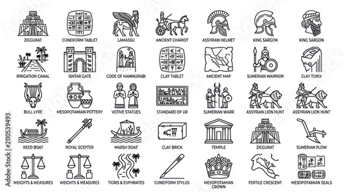 Bild auf Leinwand Ancient Mesopotamian and Sumerian history line icons