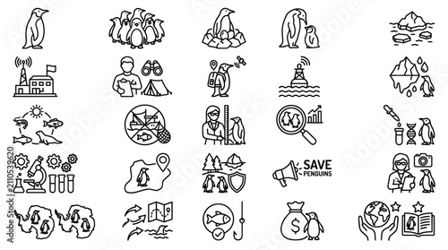 Foto Antarctic research and penguin wildlife conservation icon set