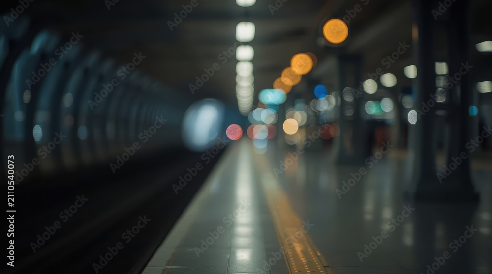 Fototapeta premium Out of focus train station platform bokeh lights blurred perspective commuters mood