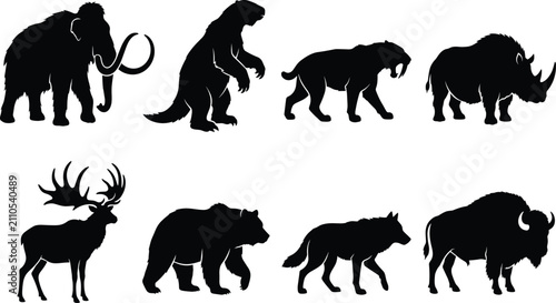 Картината върху платно Prehistoric Animal Silhouette Collection Featuring Mammoth Saber Tooth Bear Rhin