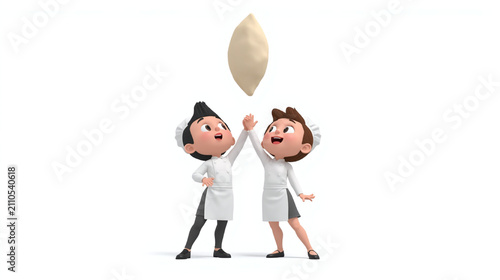 Cute 3D cartoon bakery couple joyfully tossing a sliced stuffed bread into the air. Fun teamwork, playful baking moment, clean white background