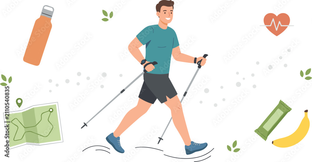 Fototapeta premium Nordic Walking Man Vector Illustration with Trekking Poles, Healthy Lifestyle, Fitness Accessories, and Outdoor Exercise Elements for Wellness Designs
