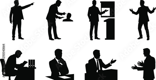 Professional businessman silhouettes collection featuring office work presentation poses and corporate leadership scenes vector icons