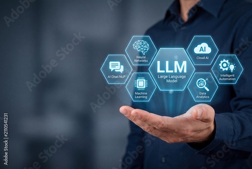 Large language model llm concept with ai technology icons held by a businessman