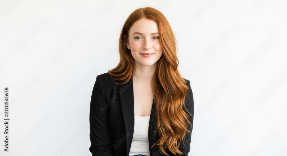 Obraz premium Young woman with long red hair smiling at camera in studio