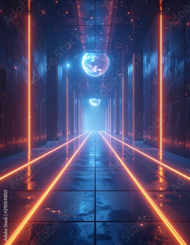 Futuristic neon corridor with glowing lights.