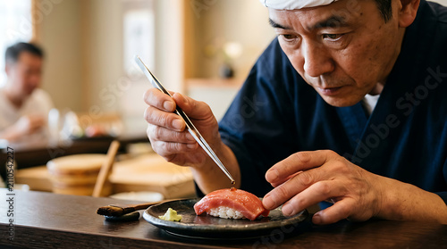 Professional chef meticulously garnishing fresh tuna nigiri with precision metal tweezers in traditional setting with delicately adding single captures focused chef glaze piece fresh drop soy glaze