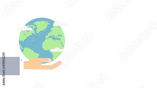 Flat design animation of a human hand holding and protecting the Earth globe.