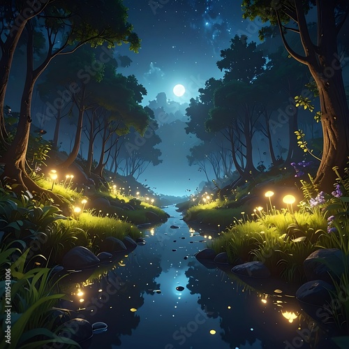 Moonlit forest with fireflies by river.