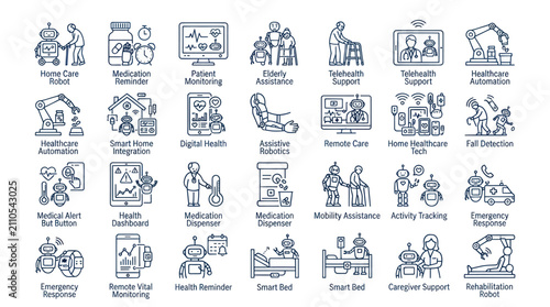 Assistive home care and geriatric technology line icons.
