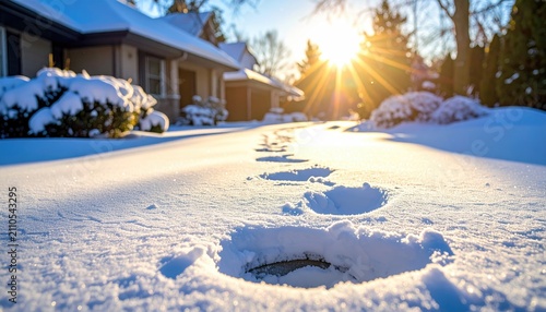Sunlight streams over a snow-covered walkway leading to a house. Footprints are visible in the pristine snow