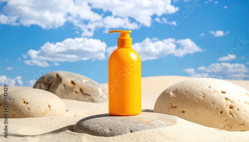 Orange lotion bottle on a beach sand with rounded stones against a blue sky with puffy clouds