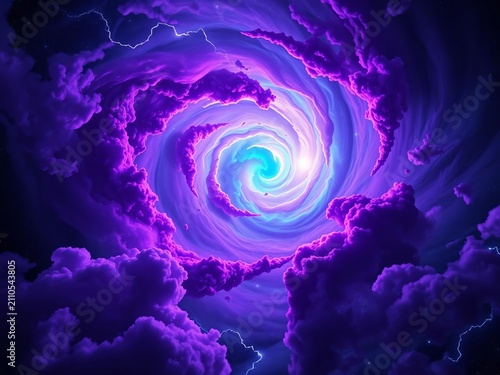 Cosmic vortex with swirling purple clouds and blue-green stars, purple, ||deep space