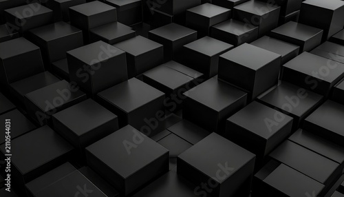 Dark geometric surface of dense, closely packed, uniformly sized, matte black cubes with subtle lighting