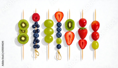 Colorful glass beads on wooden skewers arranged in rows.