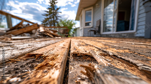 Severely decayed and rotted wooden deck boards requiring replacement at residential home
