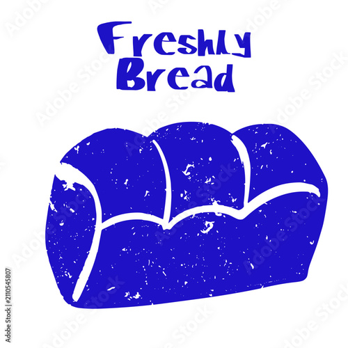 Minimalist hand drawn doodle print design with vintage grunge texture, featuring a blue bread icon. Graphic asset for bakery logo, cafe wall art, menu card, packaging, and sign board.