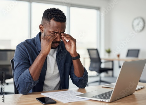 Stressed man rubbing eyes while working at laptop in office