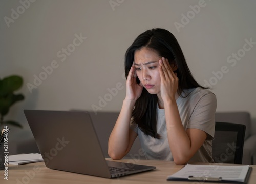Stressed woman using laptop at home office desk