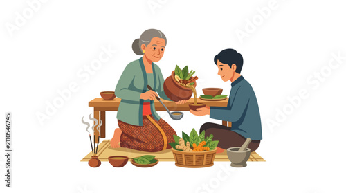 Elderly woman and man cooking traditional food together.