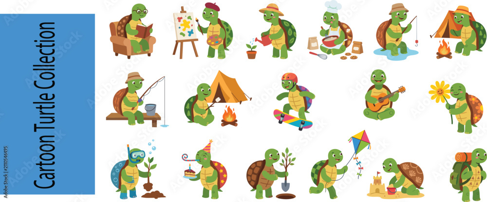 Obraz premium Cartoon Turtle Character Collection with Cute Hobby Activity Poses and Lifestyle Vector SetCartoon Turtle Character Collection with Cute Hobby Activity Poses and Lifestyle Vector Set