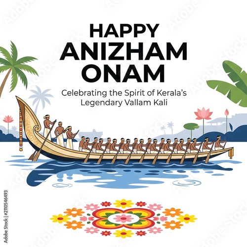 Happy anizham onam celebration illustration with traditional kerala snake boat with Vallam