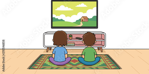 Fotografie Cute Kids Brother and Sister Sitting on Living Room Carpet Floor and Watching La