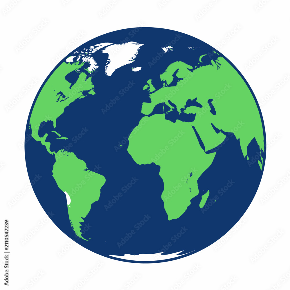 Fototapeta premium Stylized flat vector illustration of a planet earth globe showing green continents and blue oceans on a white background, representing global concept, ecology and environmental sustainability
