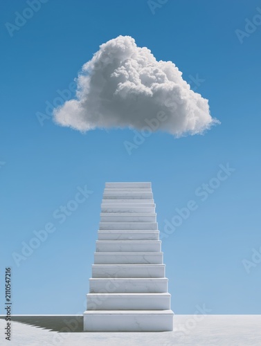 Solitary white marble staircase ascends dramatically under clear blue sky toward large fluffy cloud; minimalist composition evokes themes of aspiration, journey, and progress.