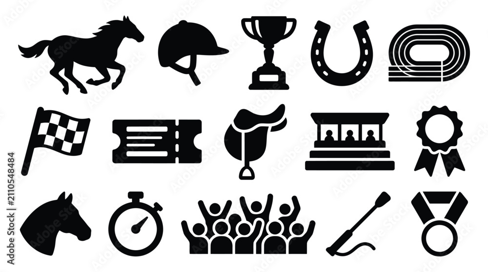 Obraz premium Collection of equestrian sport icons including horse, saddle, helmet, trophy, and racing elements.