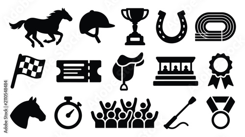 Принти на полотні Collection of equestrian sport icons including horse, saddle, helmet, trophy, and racing elements