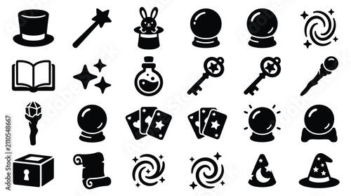 Canvastavla A collection of black magic and wizardry icons, including crystal balls, wands, spellbooks, and hats