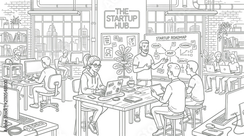 Startup hub coworking space vector illustration, modern business office interior with people working, startup roadmap presentation and team collaboration