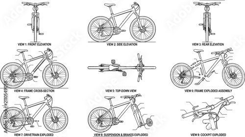 Mountain bicycle technical blueprint vector layout featuring detailed exploded views component diagrams cross sections and elevation angles