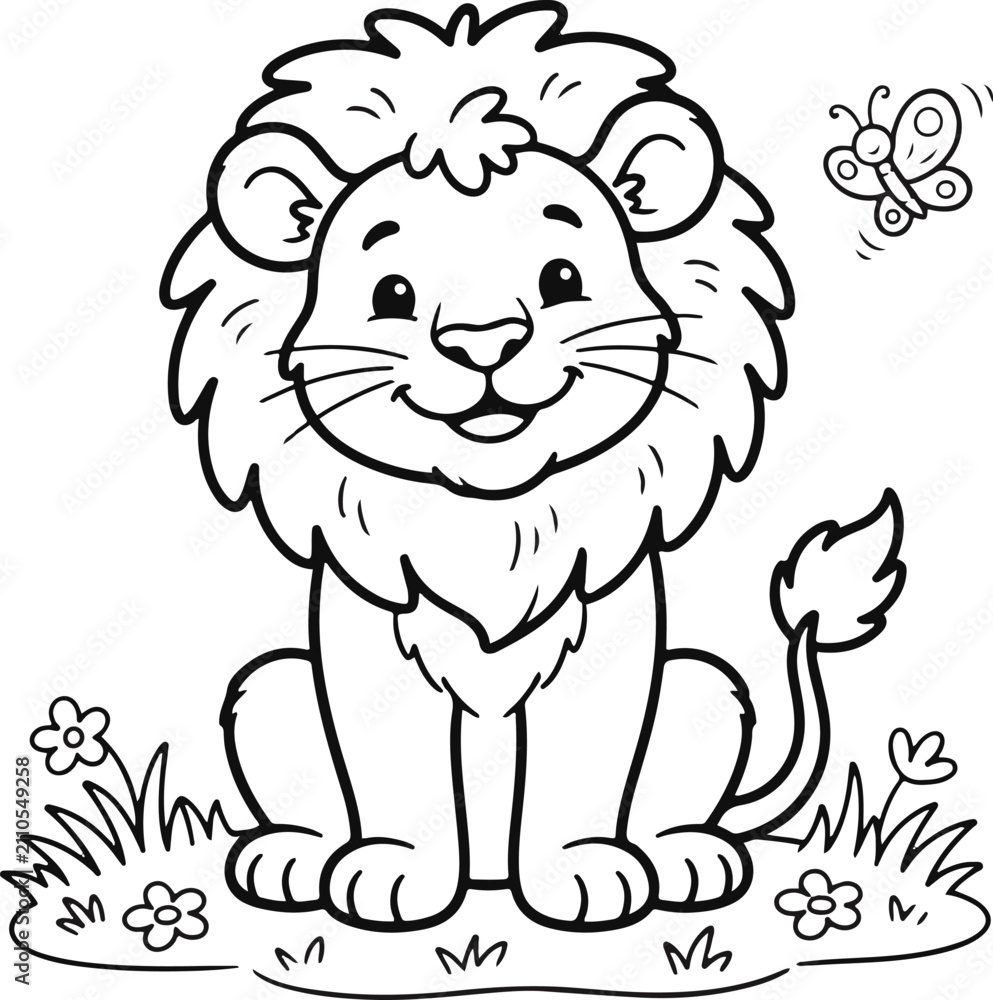 Obraz premium Smiling cartoon lion sitting on grass with flowers