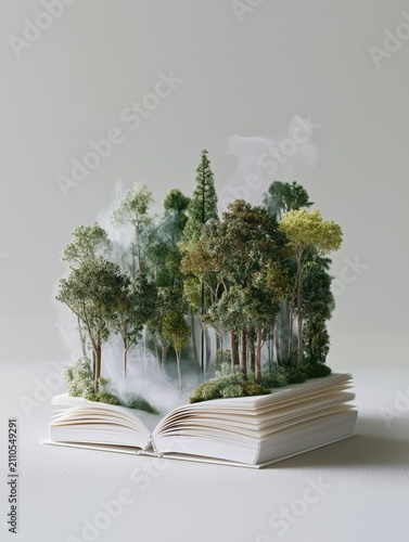 An open white book with pages forming a base for a lush, detailed miniature forest of trees and greenery rising from its pages, misty atmosphere.