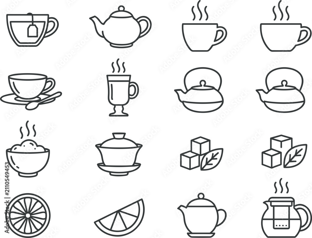 Obraz premium Vector set of black line tea icons featuring teapots teacups gaiwan sugar cubes lemon slice tea bag and kettle symbols