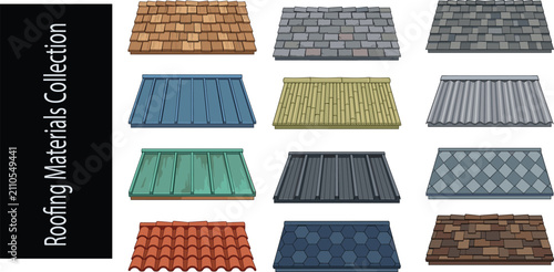 Roofing Materials Collection with Shingles Metal Tile and Panel Roof Vector SetRoofing Materials Collection with Shingles Metal Tile and Panel Roof Vector Set