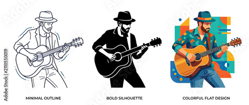Canvas Print Musician Playing Guitar in Three Styles: Outline, Silhouette, Flat Design