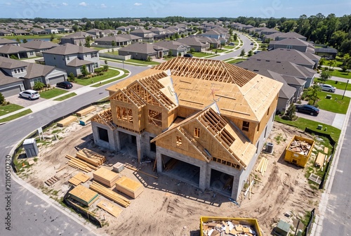 Aerial view of a new residential house under construction in a suburban neighborhood