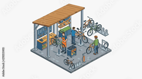 Bike Repair Station with Workers.