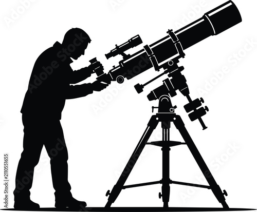 Foto Stargazing man calibrating large optical reflector telescope on heavy duty equat