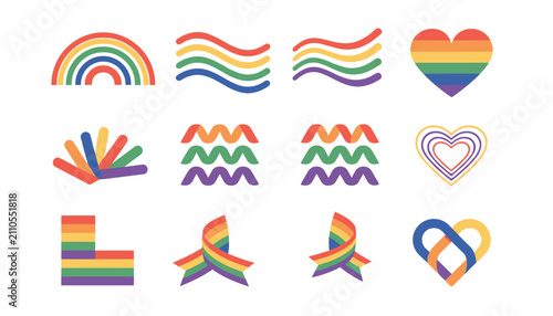 Diverse collection of pride symbols and colorful rainbow ribbons arranged in a clean grid on a white background.