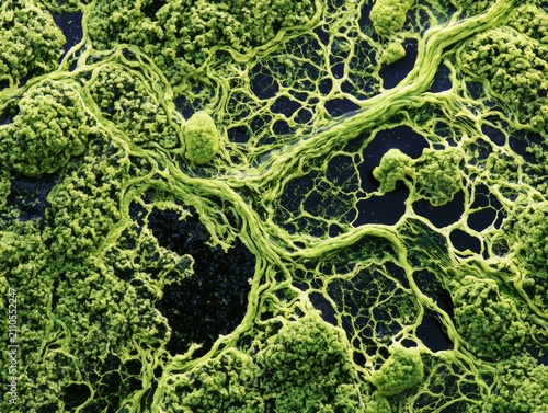 Close-up of vibrant green slime mold forming intricate, branching networks over dark water