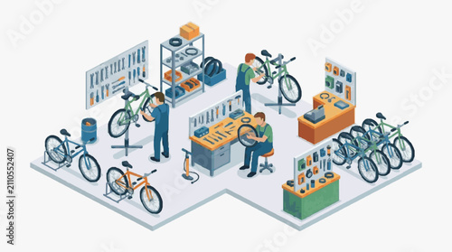 Bike repair shop with workers assembling bikes.