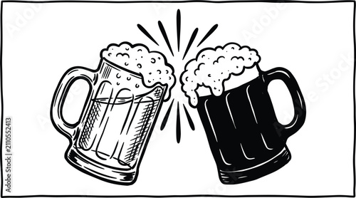 Foto Two beer mugs clinking together in a toast celebration hand drawn retro sketch l